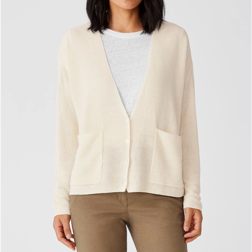 Eileen Fisher Organic Cotton Linen Off-White V-Neck Cardigan XL Coastal Gran